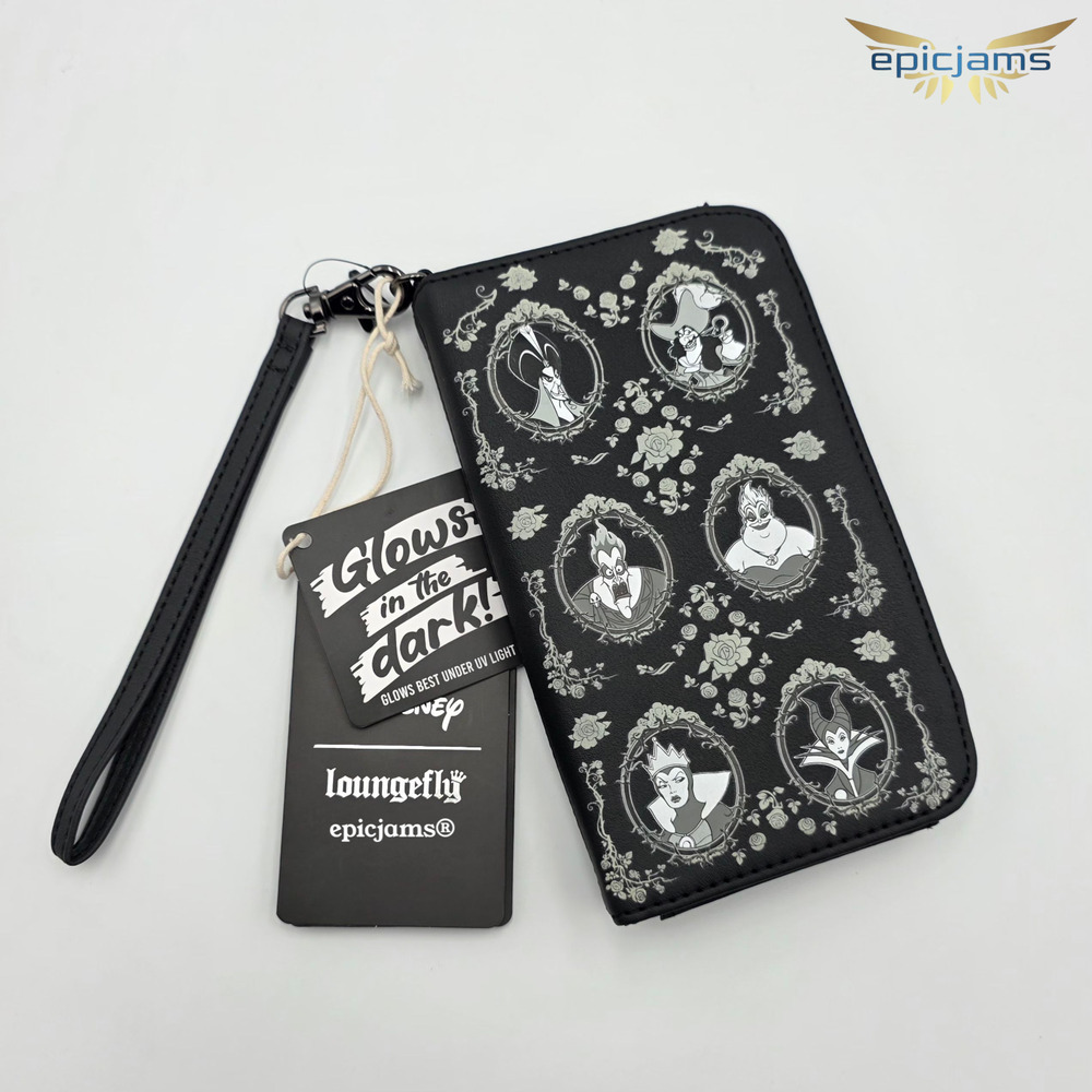 Loungefly Disney Villains Frame Glow-In-The-Dark Tech Black Wristlet Wallet New